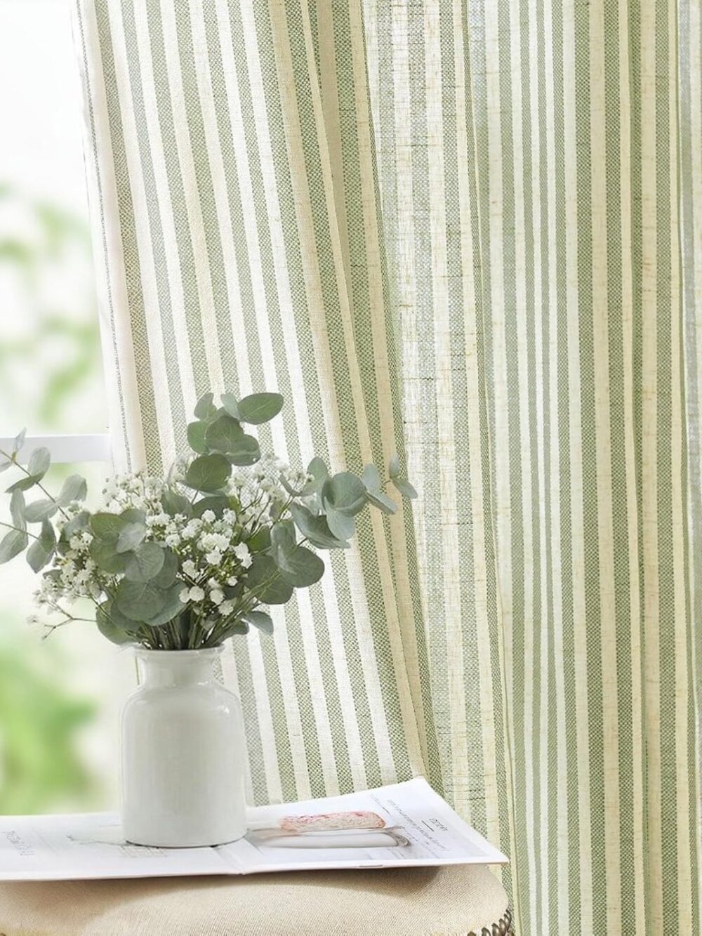 Linen Curtains 84 Inch Sage Green Stripe on Linen Grommet 2 Panels